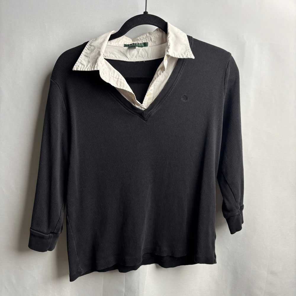 Lauren Ralph Lauren Black Ribbed V-Neck Pullover Faux Layered Collar Top L Chic